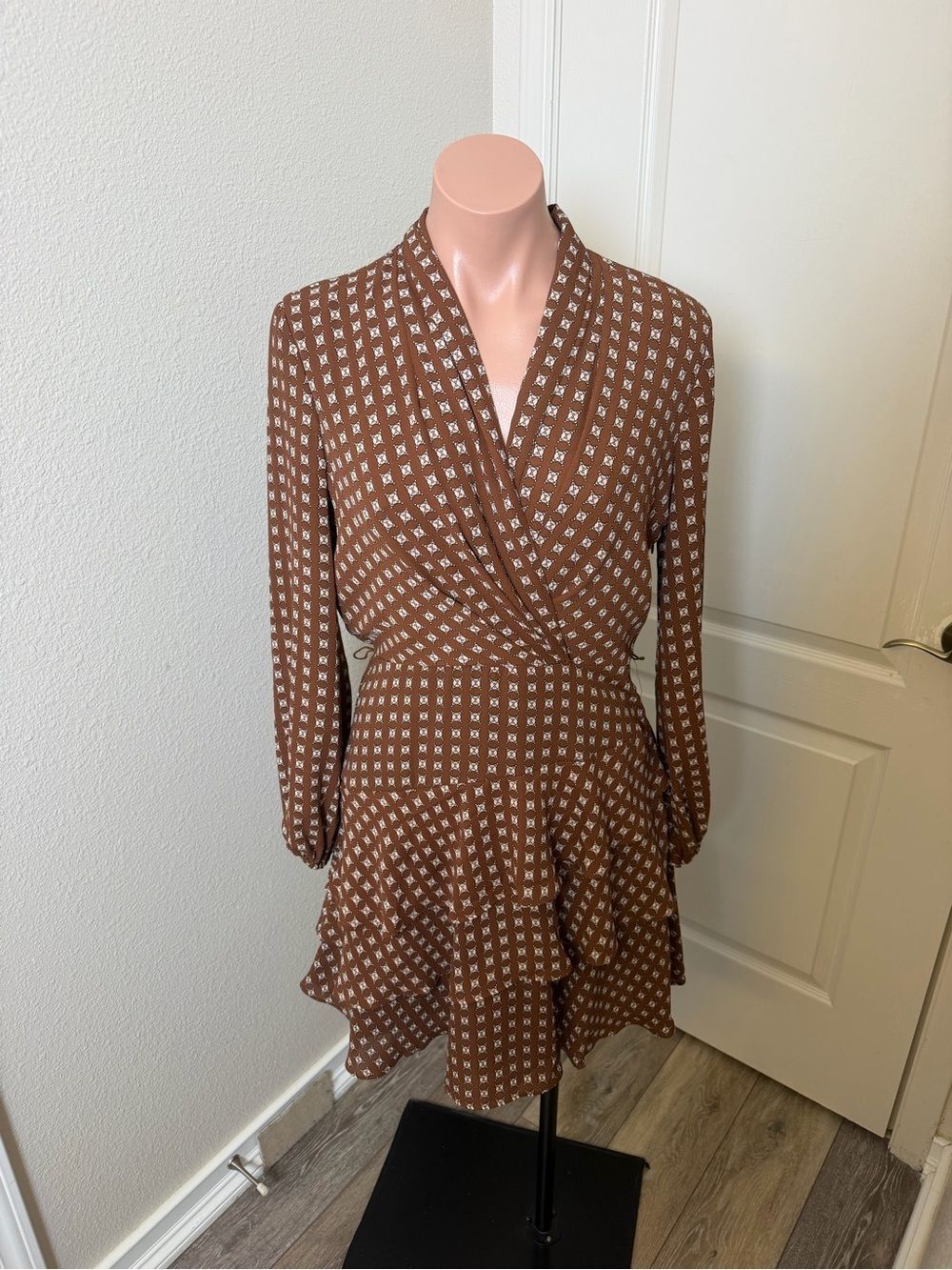 Express Brown Printed Wrap-Style Mini Dress Sz S